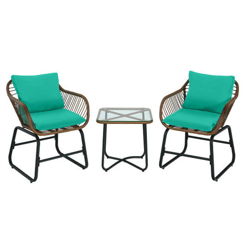 Load image into Gallery viewer, 3 Pieces Patio Rattan Bistro Set Cushioned Chair Glass Table Deck-Turquoise
