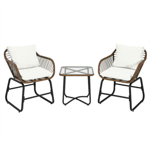 Load image into Gallery viewer, 3 Pieces Patio Rattan Bistro Set Cushioned Chair Glass Table Deck-White
