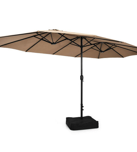 15 Feet Double-Sided Twin Patio Umbrella with Crank and Base-Brown