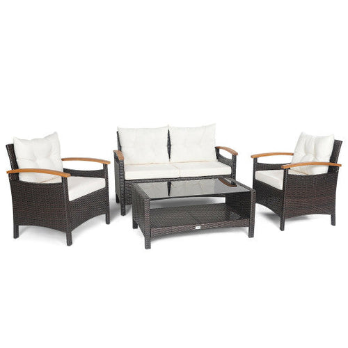 Load image into Gallery viewer, 4 Pieces Patio Rattan Furniture Set with Cushioned Sofa and Storage Table-White
