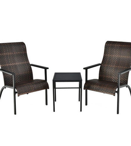 3 Pieces Patio Rattan Bistro Set with High Backrest and Armrest-Brown