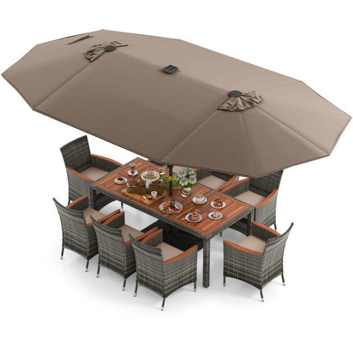 Load image into Gallery viewer, 11 Pieces Patio Dining Set with 15 Feet Double-Sided Patio Umbrella Base Included-Tan
