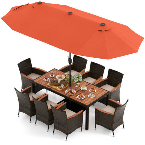 Load image into Gallery viewer, 11 Pieces Patio Dining Set with 15 Feet Double-Sided Patio Umbrella and Base-Orange
