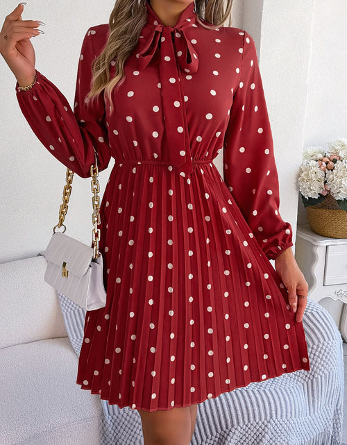 Load image into Gallery viewer, Polka Dot Tie Neck Pleated Dress
