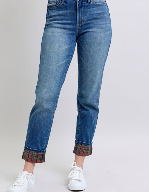 Load image into Gallery viewer, Judy Blue Full Size Plaid Print Cuff Straight Leg Jeans with Pockets
