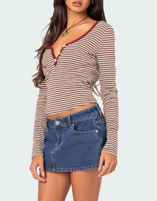 Load image into Gallery viewer, Buttoned Striped Long Sleeve T-Shirt
