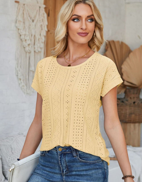 Load image into Gallery viewer, Eyelet Round Neck Rolled Short Sleeve T-Shirt
