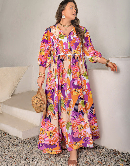 Load image into Gallery viewer, Plus Size Printed Tie Neck Maxi Dress
