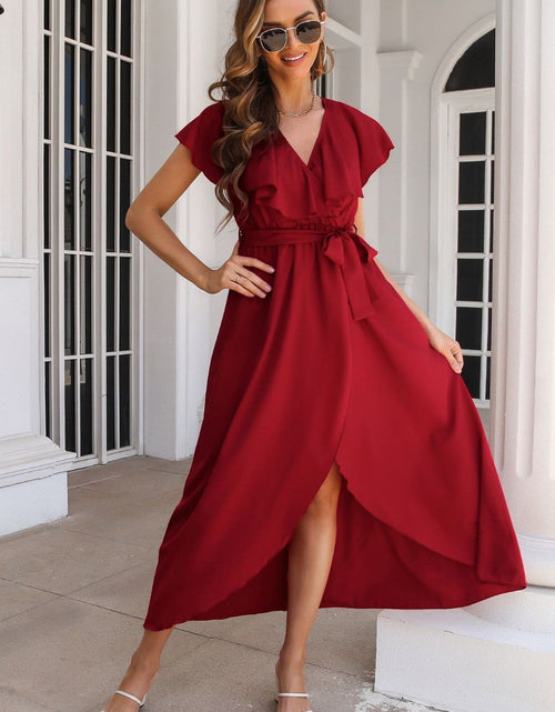 Load image into Gallery viewer, Ruffled Surplice Tie Waist Slit Midi Dress
