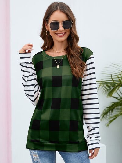 Load image into Gallery viewer, Plaid Striped Round Neck Long Sleeve T-Shirt

