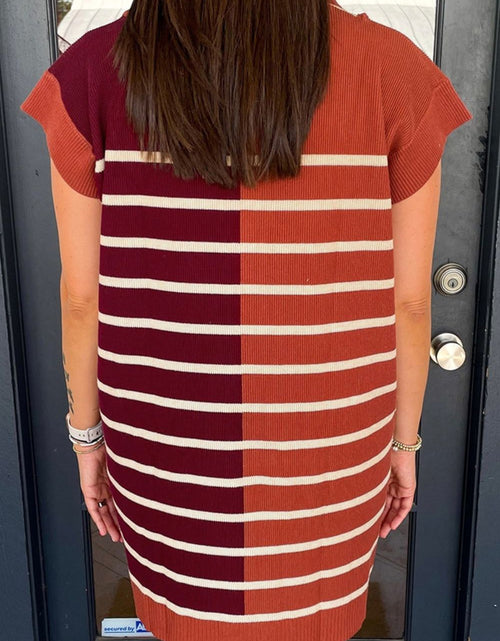Load image into Gallery viewer, Striped Quarter Zip Cap Sleeve Sweater Dress
