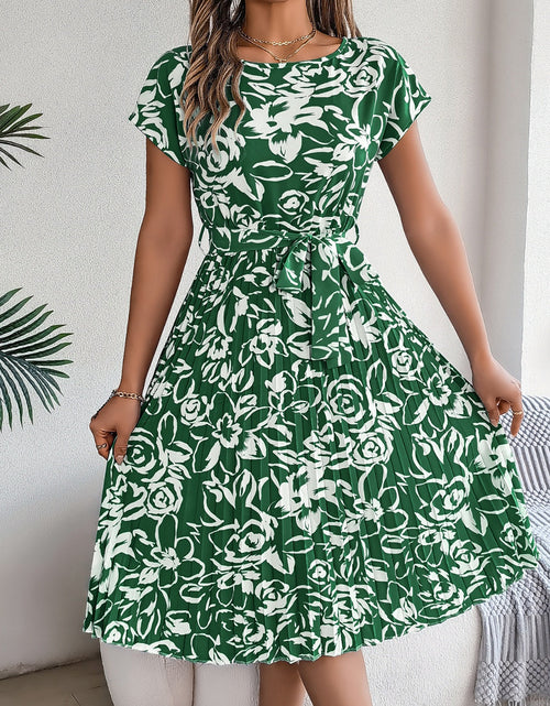 Load image into Gallery viewer, Tied Pleated Printed Short Sleeve Dress
