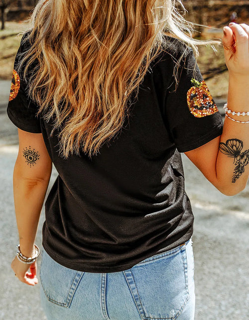 Load image into Gallery viewer, Sequin Pumpkin Round Neck Short Sleeve T-Shirt
