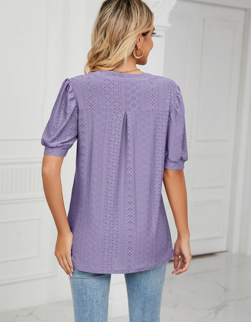 Load image into Gallery viewer, Eyelet Short Puff Sleeve Notched Neck Top
