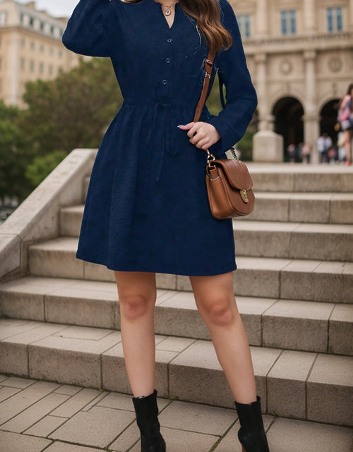 Load image into Gallery viewer, Drawstring Waist Notched Long Sleeve Dress
