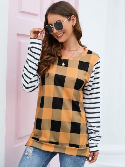 Load image into Gallery viewer, Plaid Striped Round Neck Long Sleeve T-Shirt

