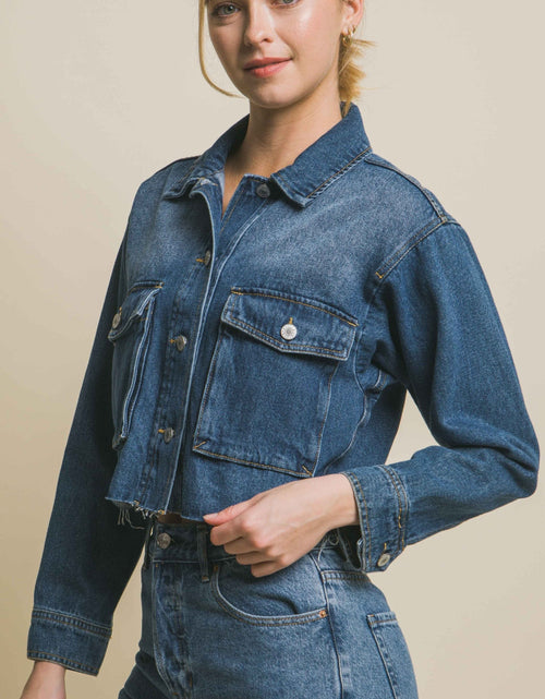 Load image into Gallery viewer, Love Tree Raw Hem Button Up Cropped Denim Jacket
