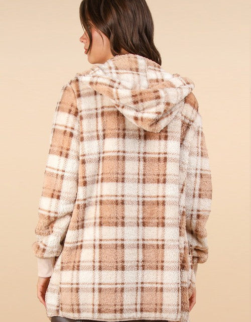 Load image into Gallery viewer, VERY J Fuzzy Plaid Long Sleeve Hooded Jacket
