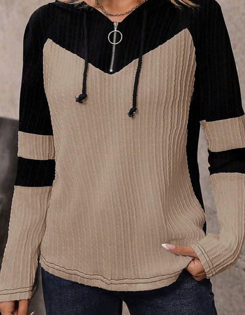 Load image into Gallery viewer, Drawstring Quarter Zip Contrast Long Sleeve Hoodie
