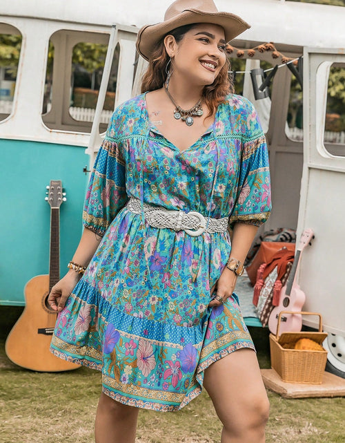 Load image into Gallery viewer, Plus Size Printed Tie Neck Mini Dress
