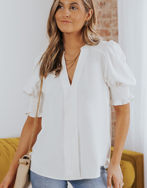 Load image into Gallery viewer, Smocked Flounce Sleeve Notched Neck Blouse
