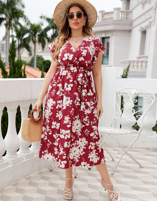 Load image into Gallery viewer, Honey Plus Size Floral Tie Waist Surplice Neck Midi Dress
