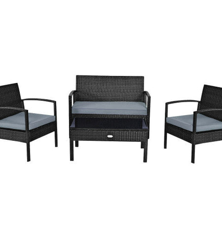 4 Pieces Patio Rattan Cushioned Furniture Set with Loveseat and Table-Black