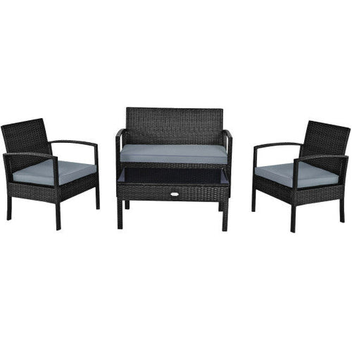 Load image into Gallery viewer, 4 Pieces Patio Rattan Cushioned Furniture Set with Loveseat and Table-Black

