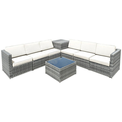 Load image into Gallery viewer, 8 Piece Wicker Sofa Rattan Dinning Set Patio Furniture with Storage Table-White
