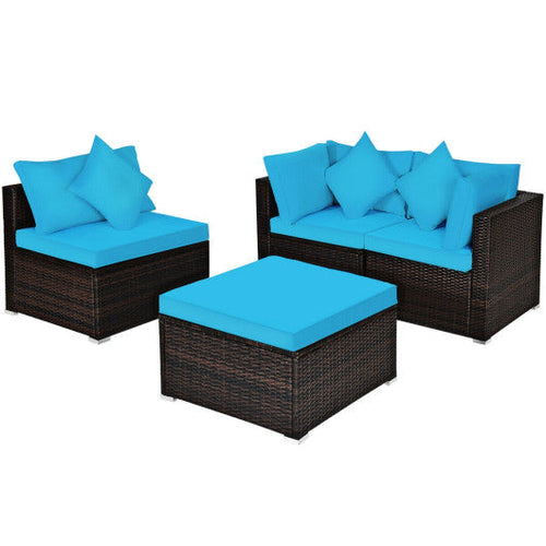 Load image into Gallery viewer, 4 Pcs Ottoman Garden Deck Patio Rattan Wicker Furniture Set Cushioned Sofa-Turquoise
