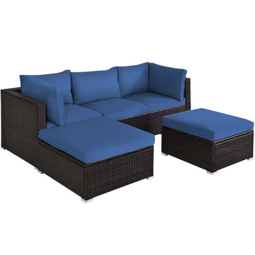Load image into Gallery viewer, 5 Pieces Patio Rattan Sofa Set with Cushion and Ottomans-Navy
