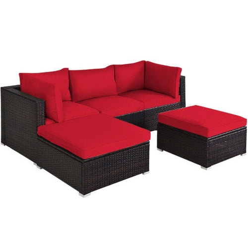 Load image into Gallery viewer, 5 Pieces Patio Rattan Sofa Set with Cushion and Ottoman-Red

