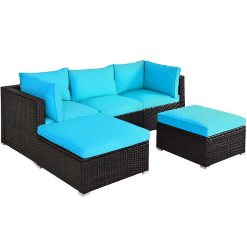 Load image into Gallery viewer, 5 Pieces Patio Rattan Sectional Conversation Ottoman Furniture Set-Blue
