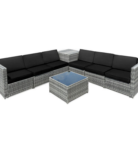 8 Piece Wicker Sofa Rattan Dinning Set Patio Furniture with Storage Table-Black
