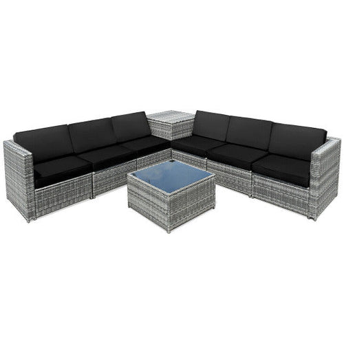 Load image into Gallery viewer, 8 Piece Wicker Sofa Rattan Dinning Set Patio Furniture with Storage Table-Black
