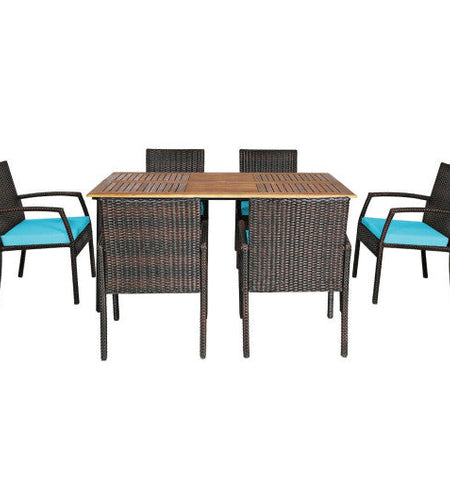 7Pcs Patio Rattan Cushioned Dining Set with Umbrella Hole-Turquoise
