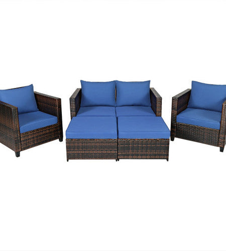 5 Pieces Patio Cushioned Rattan Furniture Set-Navy