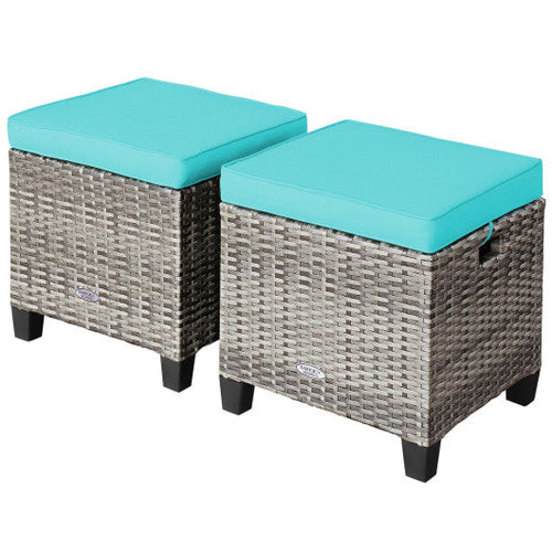 Load image into Gallery viewer, 2PCS Patio Rattan Wicker Ottoman Seat with Removable Cushions-Turquoise
