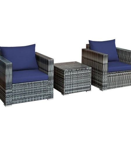 3 Pcs Patio Rattan Furniture Bistro Sofa Set with Cushioned-Navy