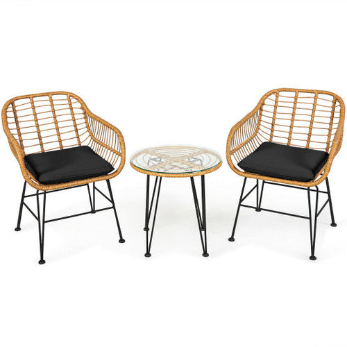 Load image into Gallery viewer, 3 Pieces Rattan Furniture Set with Cushioned Chair Table-Black
