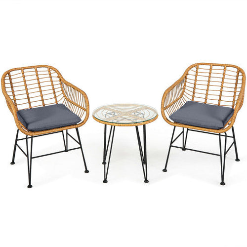 Load image into Gallery viewer, 3 Pieces Rattan Furniture Set with Cushioned Chair Table-Gray
