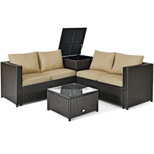 Load image into Gallery viewer, 4 Pieces Outdoor Patio Rattan Furniture Set with Cushioned Loveseat and Storage Box-Brown
