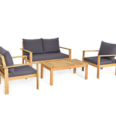 Outdoor 4 Pieces Acacia Wood Chat Set with Water Resistant Cushions-Gray