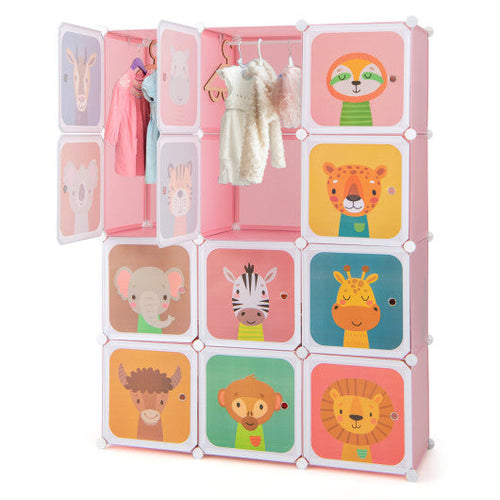 Load image into Gallery viewer, 12 Cube Kids Wardrobe Closet with Hanging Section and Doors-Pink
