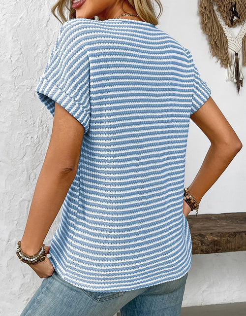 Load image into Gallery viewer, Striped Notched Short Sleeve T-Shirt
