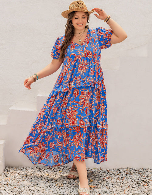 Load image into Gallery viewer, Plus Size Ruffled Printed V-Neck Short Sleeve Maxi Dress
