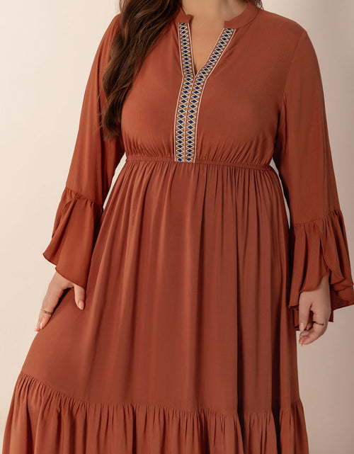 Load image into Gallery viewer, Plus Size Ruffled Notched Long Sleeve Midi Dress
