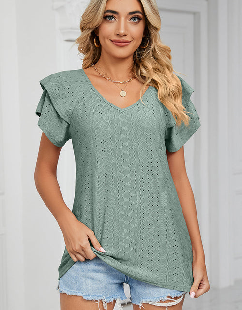 Load image into Gallery viewer, Eyelet V-Neck Short Sleeve T-Shirt
