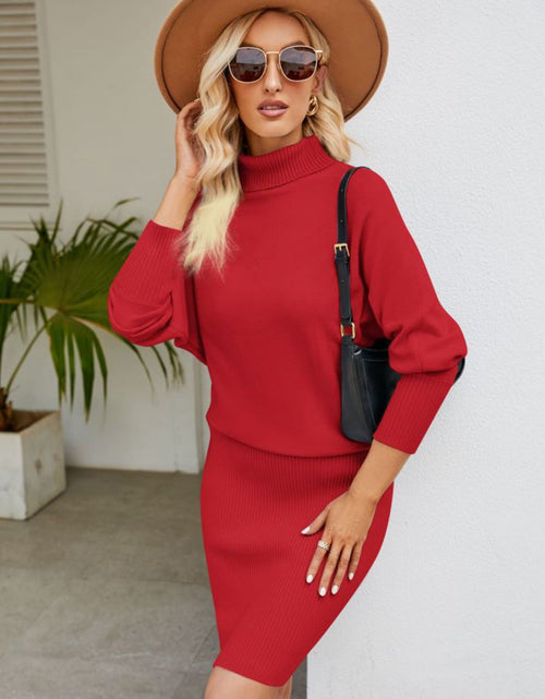 Load image into Gallery viewer, Turtle Neck Long Sleeve Ribbed Sweater Dress
