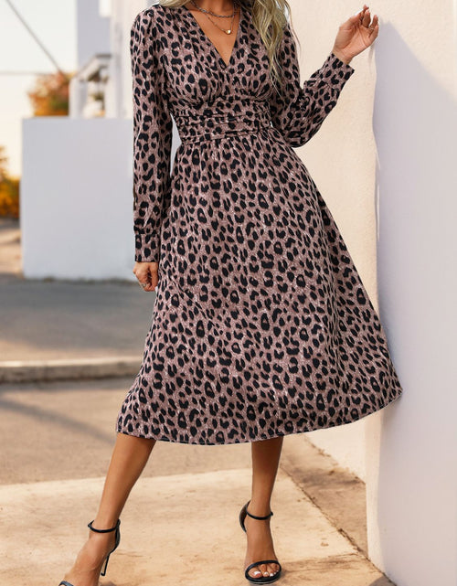 Load image into Gallery viewer, Perfee Leopard Surplice Long Sleeve Midi Dress
